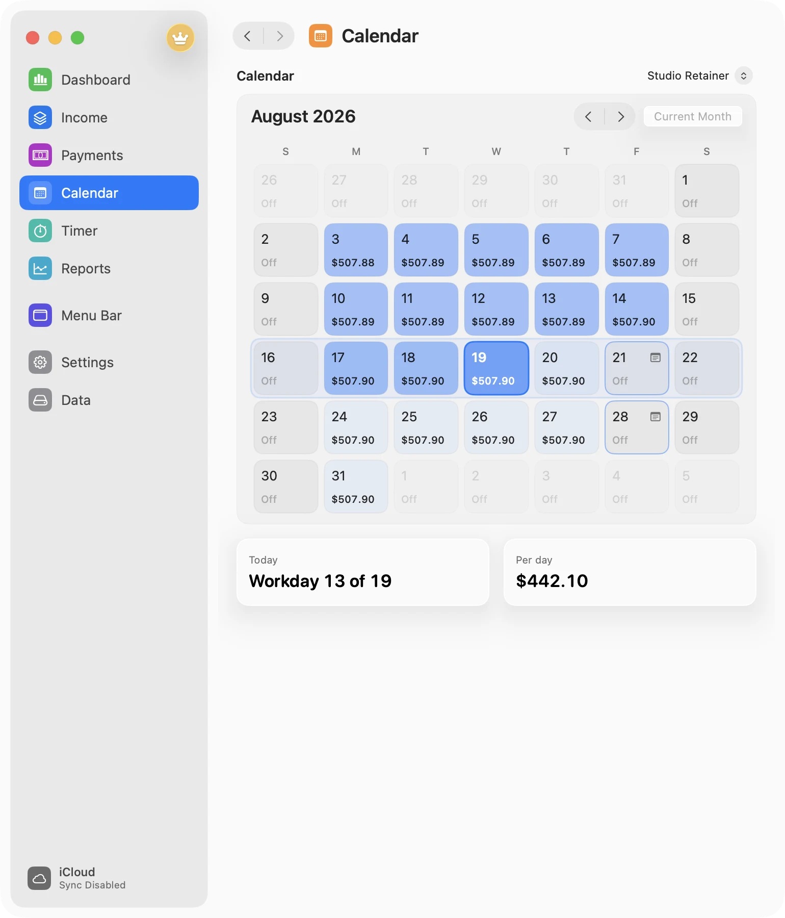 MonthMade work calendar with working days and custom day overrides