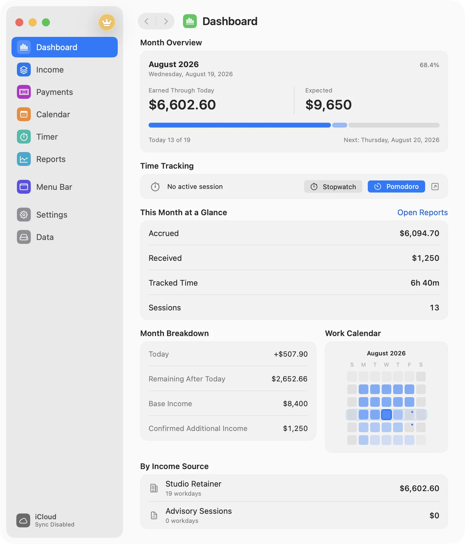 MonthMade dashboard showing $6,602.60 earned through today, $9,650 expected, tracked time, sessions, and income sources