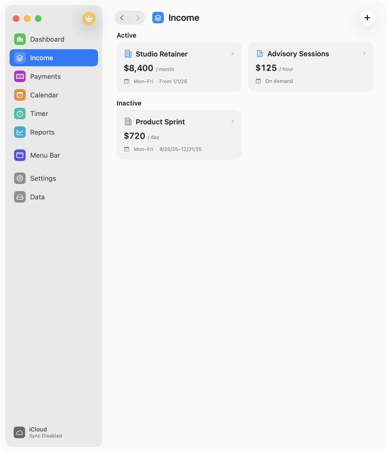 Three real MonthMade demo income sources using monthly, hourly, and daily rates