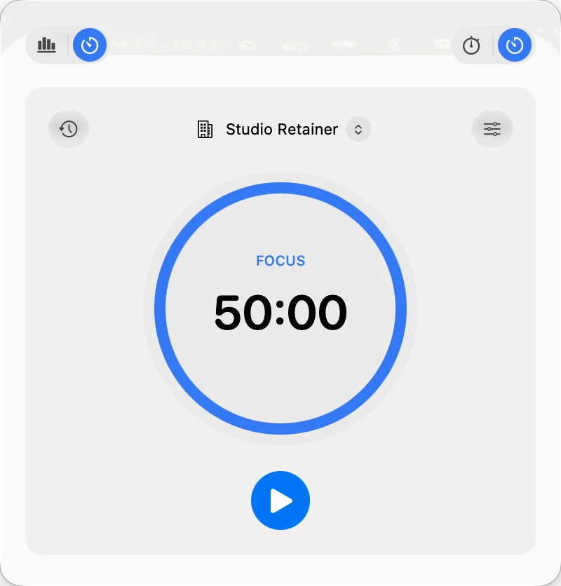 White-backed MonthMade menu bar Pomodoro controls with a 50-minute focus preset