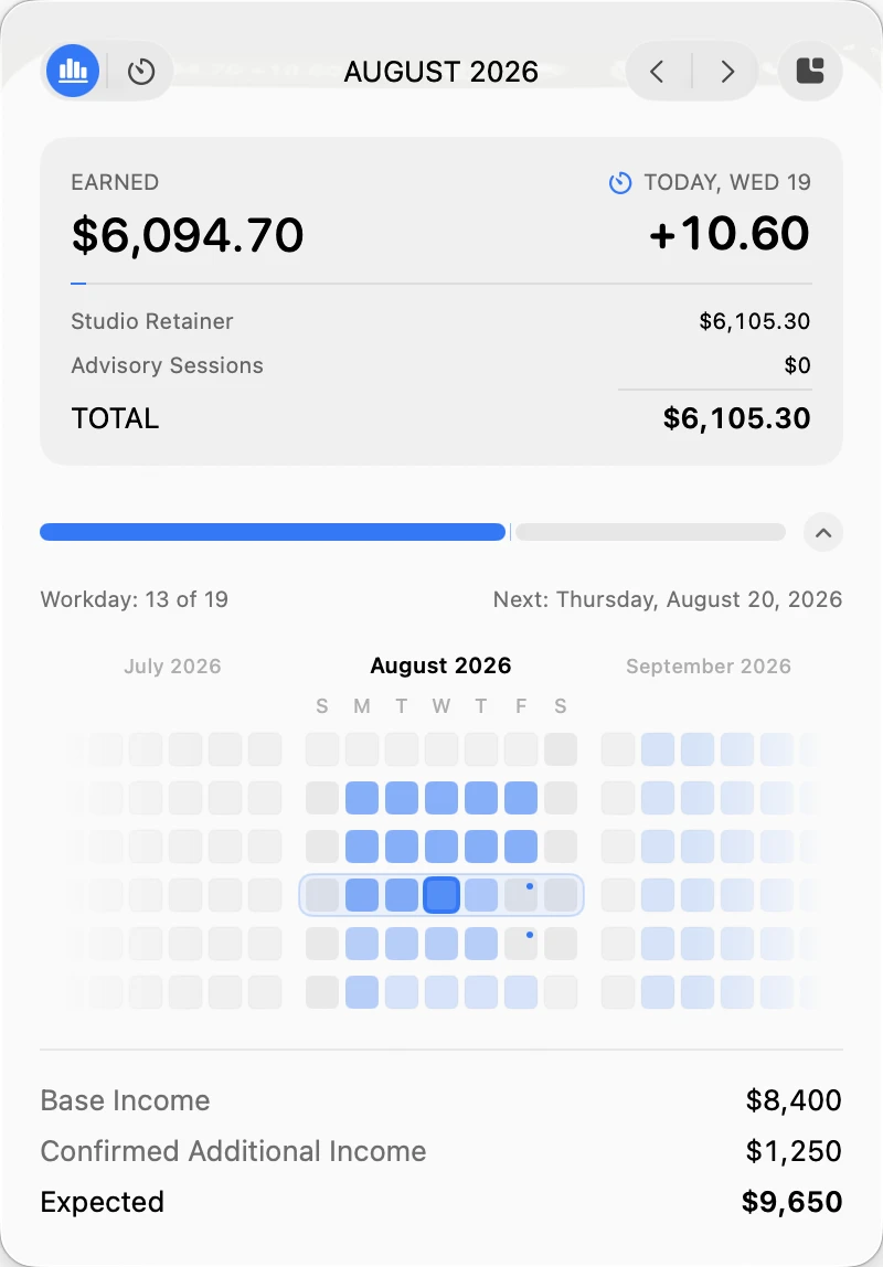 MonthMade menu bar summary with live income, source totals, progress, and work calendar