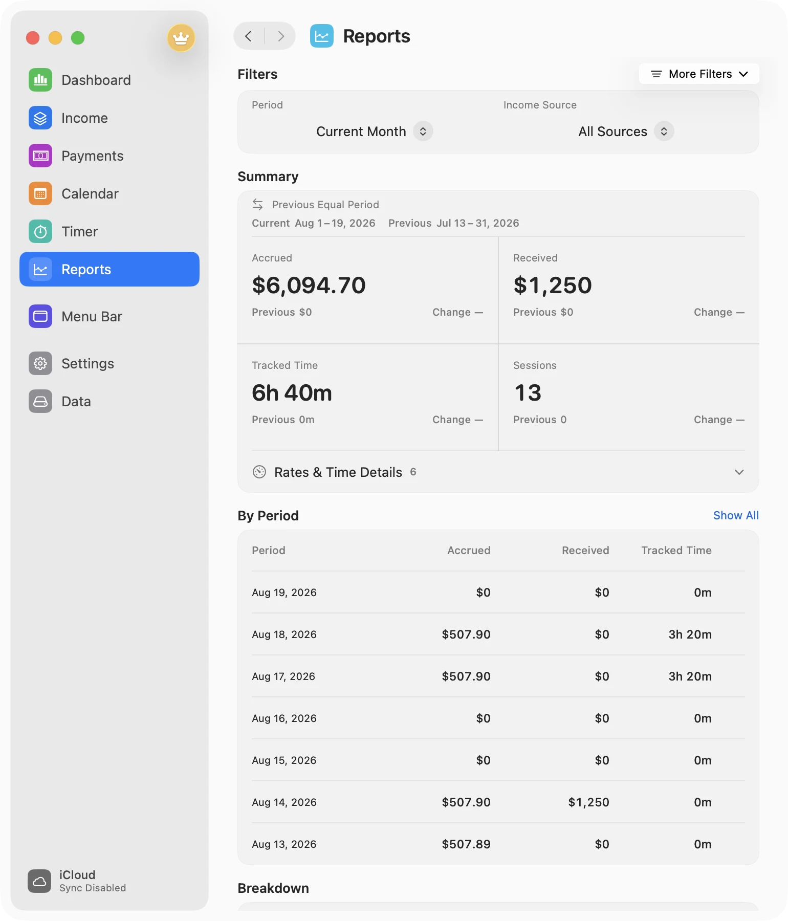 MonthMade Reports showing accrued income, received payments, tracked time, sessions, and daily rows