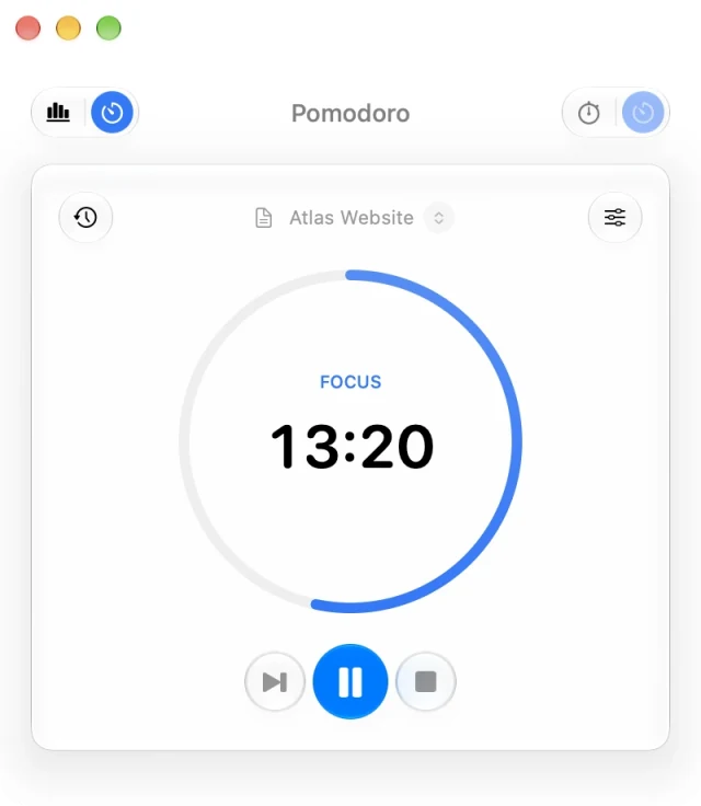 A running Pomodoro is also available from the menu bar