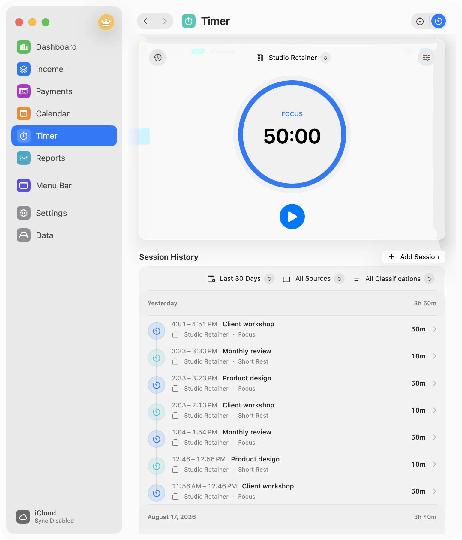 MonthMade Pomodoro timer with a 50-minute focus cycle and session history