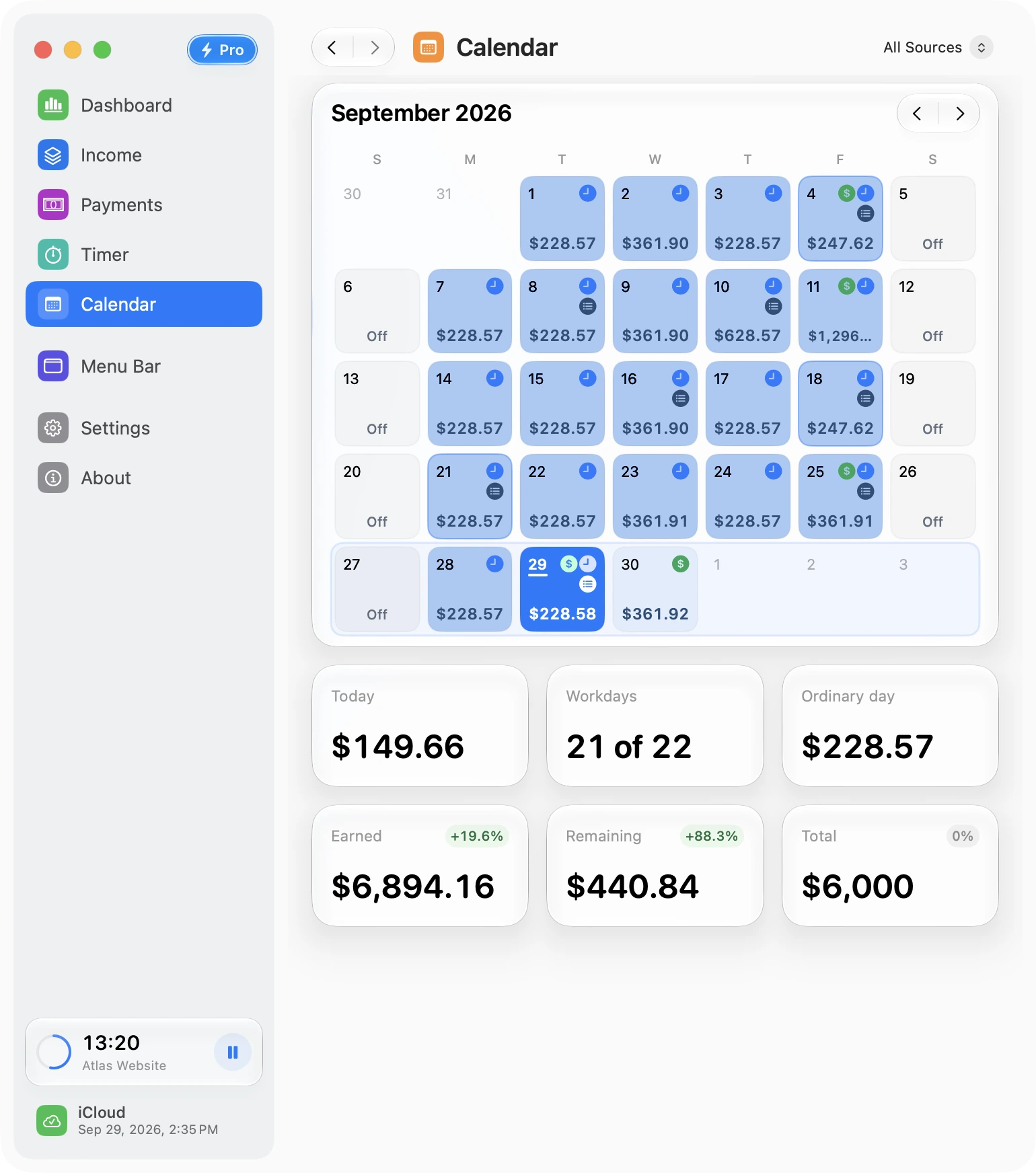 A month of workdays, daily earnings, payments, and time off