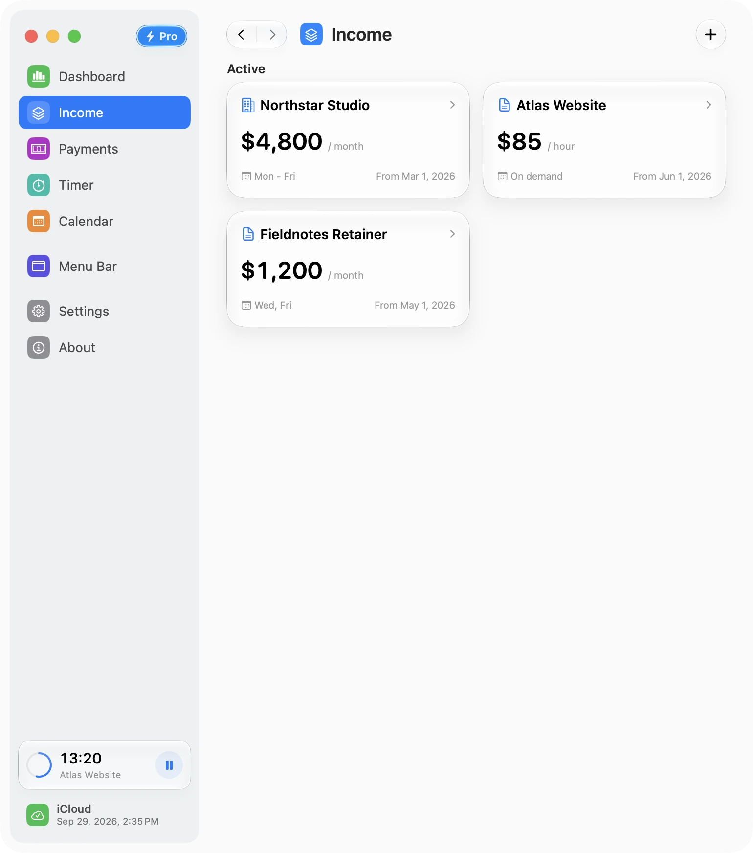 Three income sources, each with its own rate and schedule
