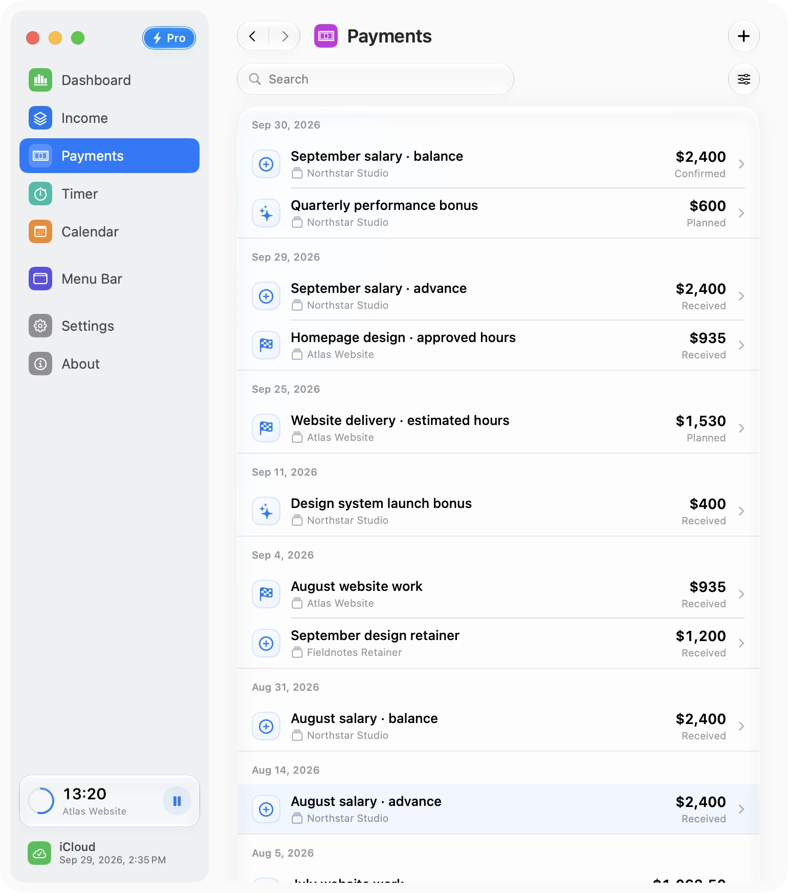 Salary payments, project milestones, and bonuses in one timeline