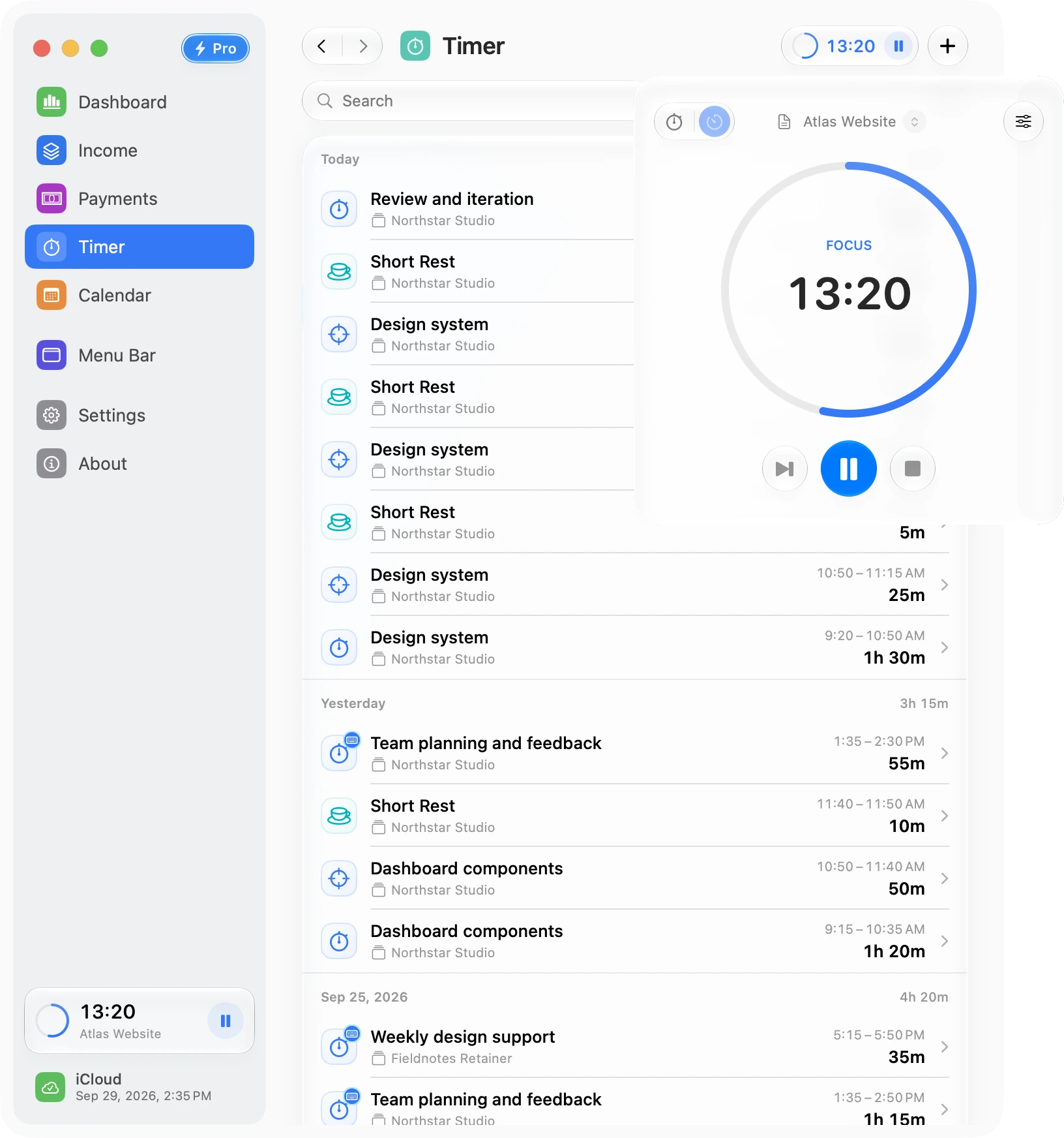 An active Pomodoro and a history of recent work sessions